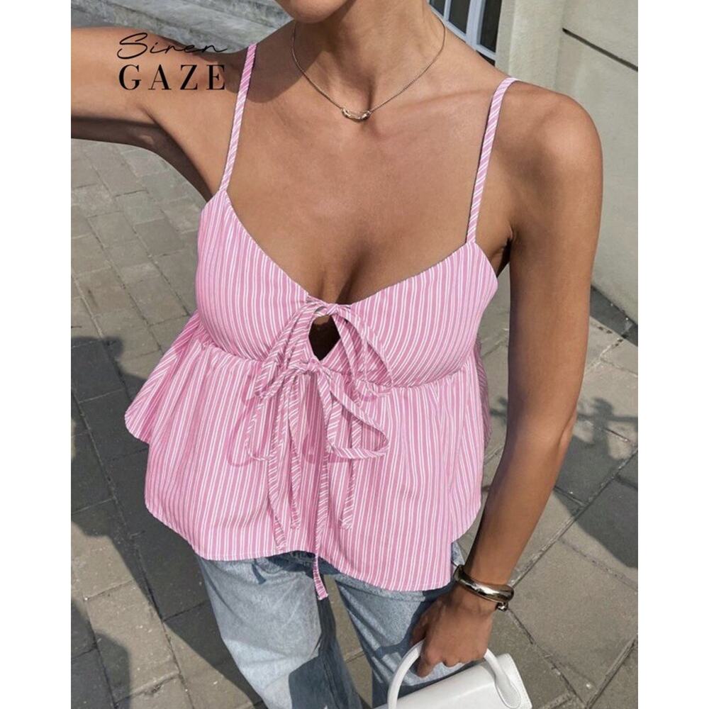 SHEIN Pink White Striped Tie Front Babydoll Sleeveless Cami Top Women